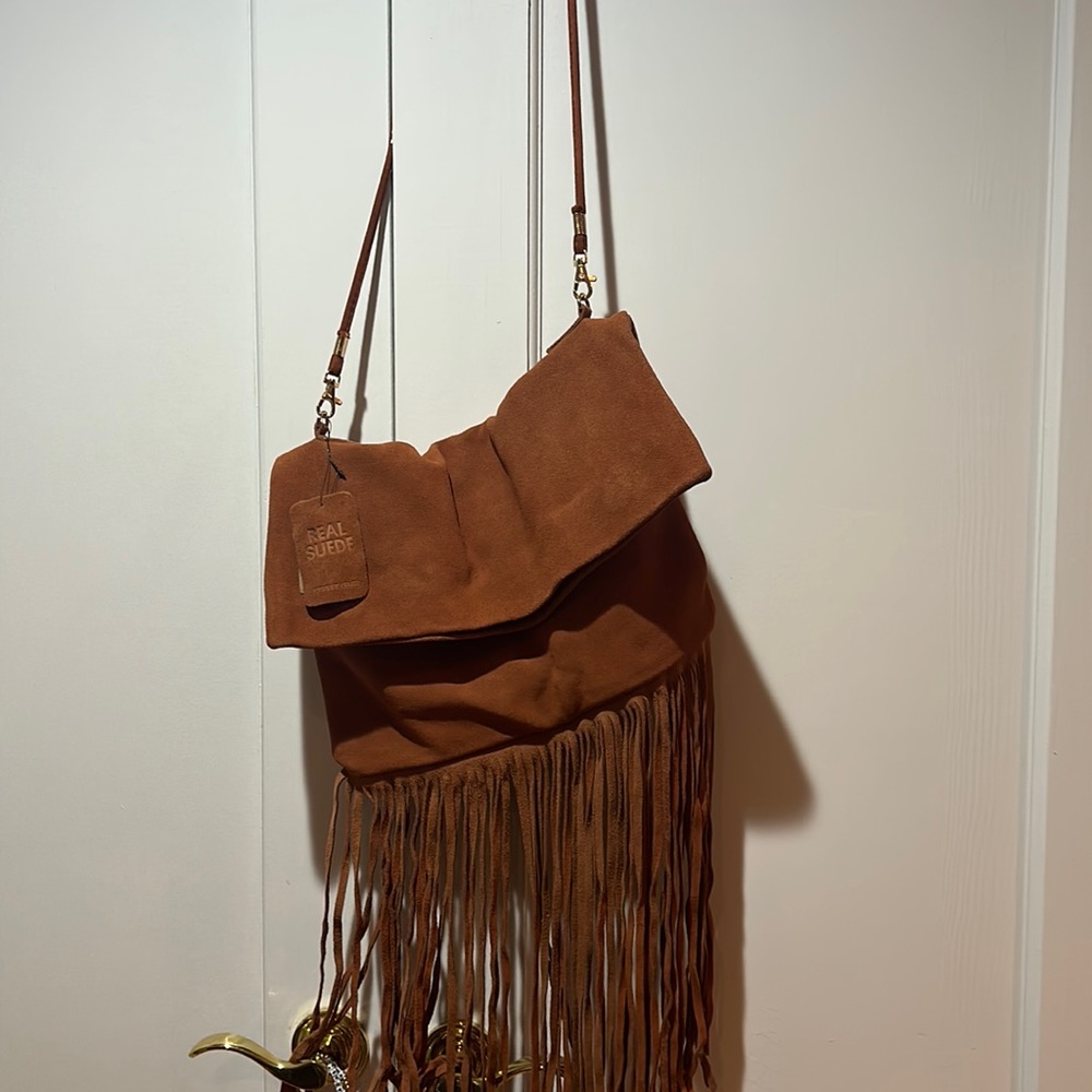 real suede triple 7 fringe boho bag